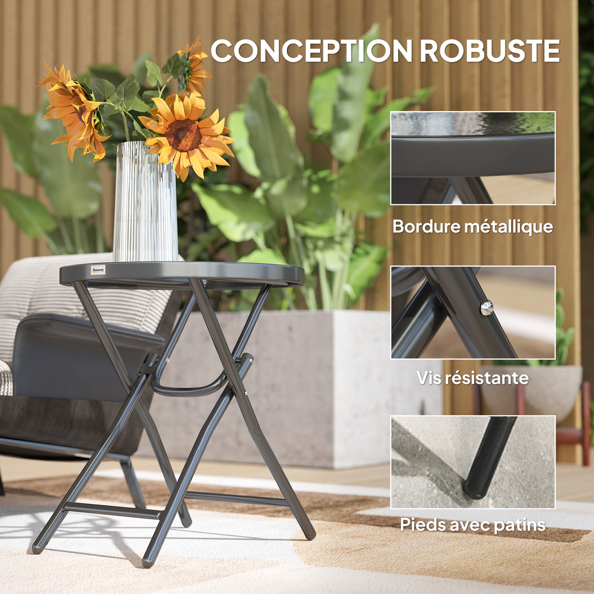 Round Bistro Garden Coffee Table Ø 60 x 50H cm Foldable Black Metal Tempered Glass Top