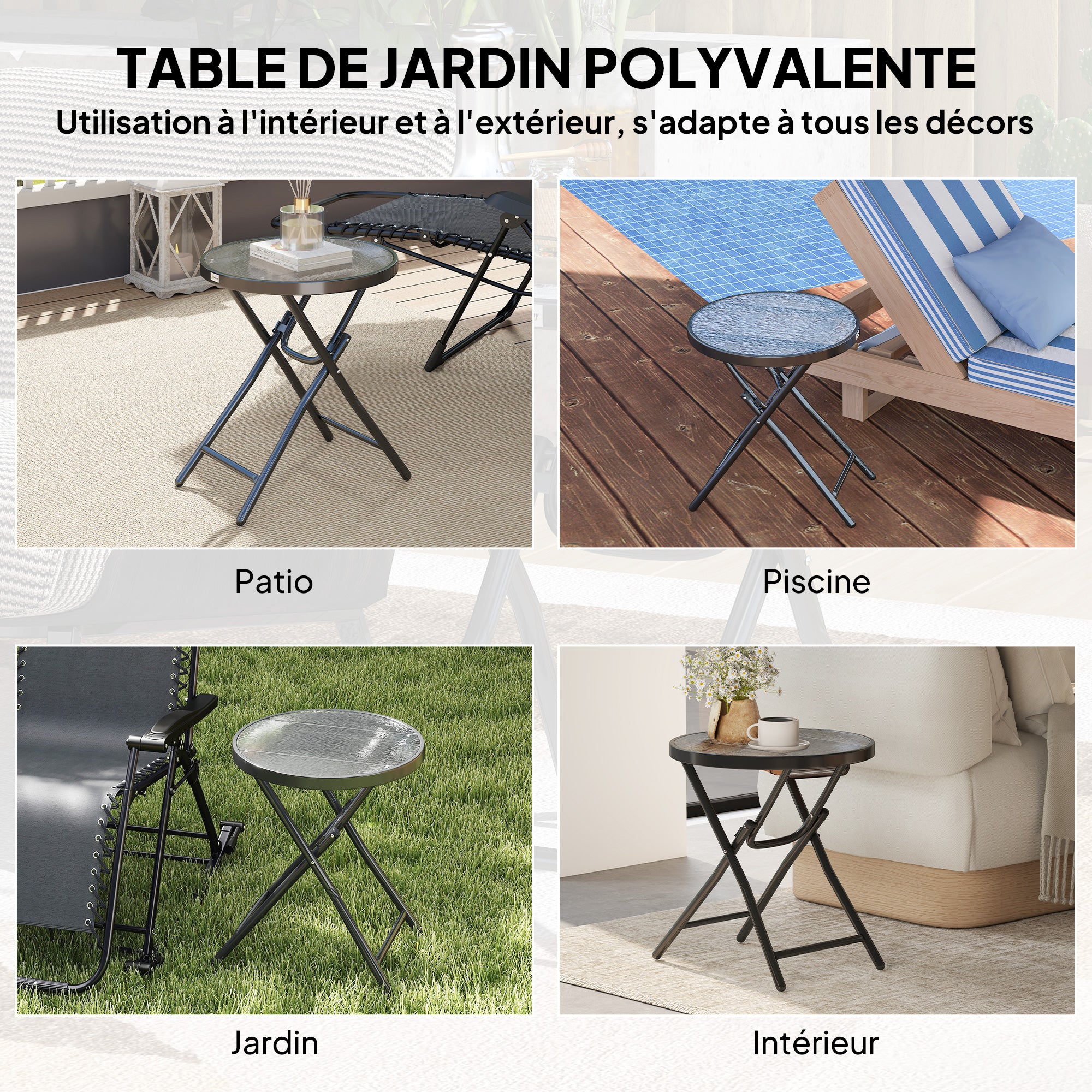 Round Bistro Garden Coffee Table Ø 60 x 50H cm Foldable Black Metal Tempered Glass Top