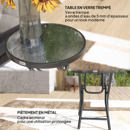 Round Bistro Garden Coffee Table Ø 60 x 50H cm Foldable Black Metal Tempered Glass Top