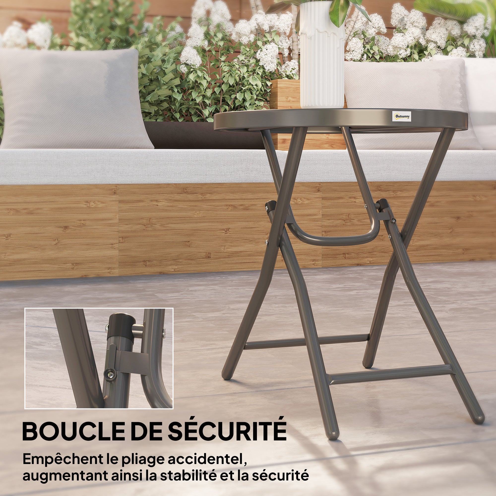 Round Bistro Garden Coffee Table Ø 60 x 50H cm Foldable Black Metal Tempered Glass Top
