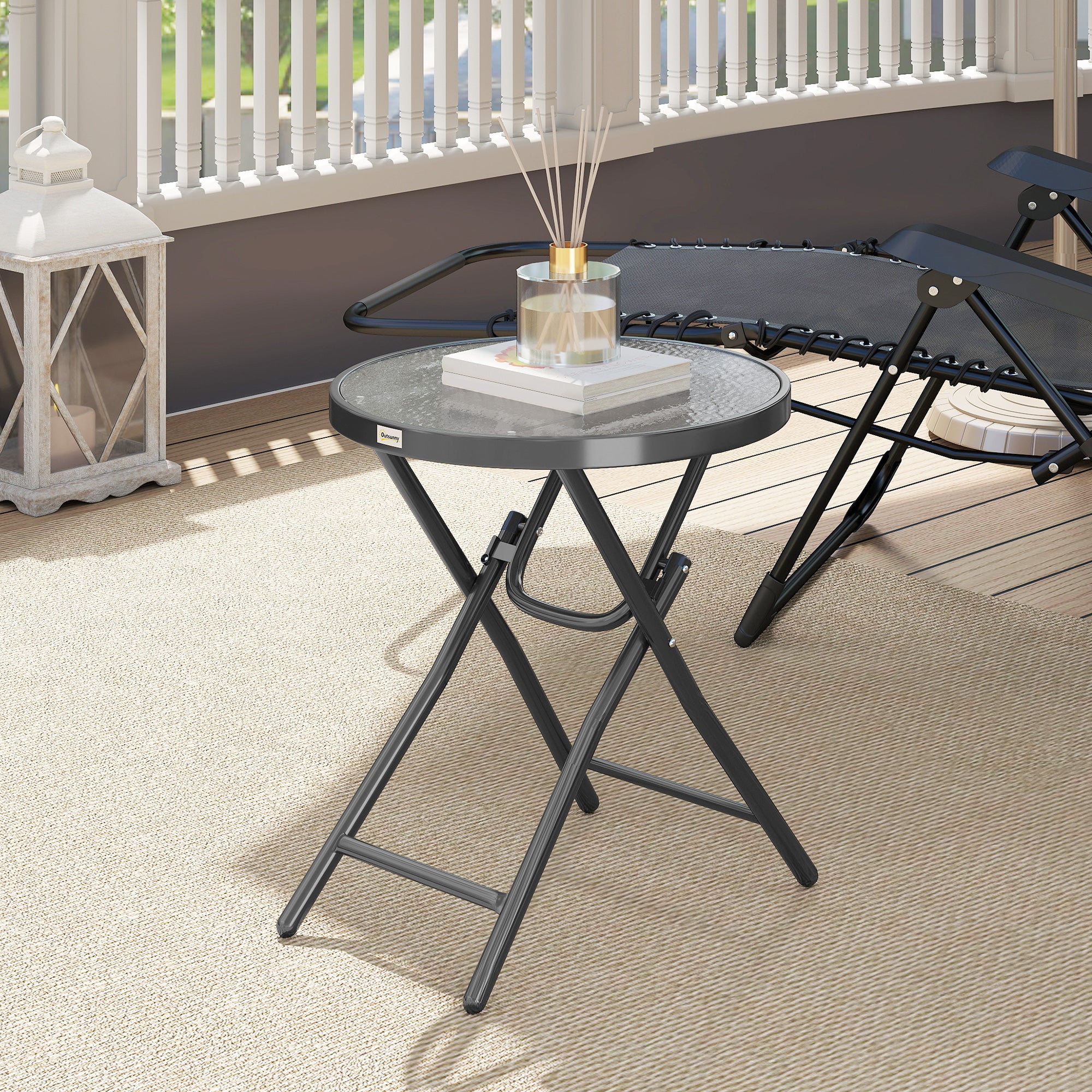 Round Bistro Garden Coffee Table Ø 60 x 50H cm Foldable Black Metal Tempered Glass Top