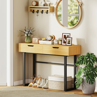 Narrow Console Table with 2 Drawers, Industrial Metal Frame, Natural – 110 × 35 × 76.5 cm (43.3″ × 13.8″ × 30.1″)