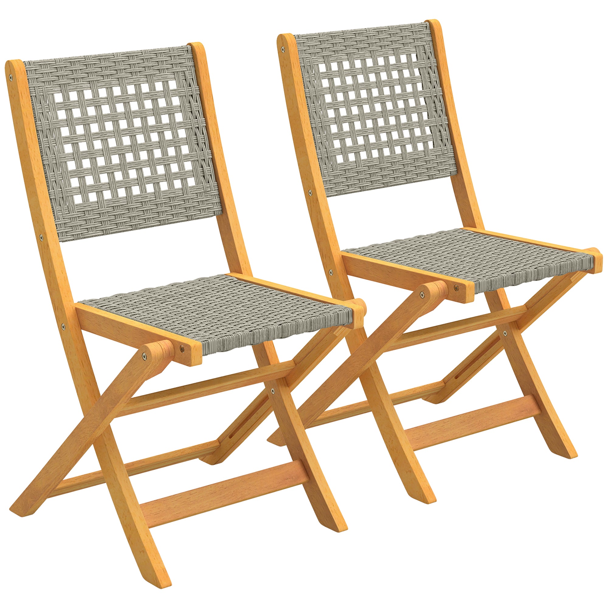 Garden Chairs 2-Pack — FSC Folding Acacia Chairs with Breathable Seat, Solid Wood & Polyrattan Balcony Set, Gray