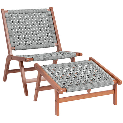 Garden Chair with Footrest - Relaxation Chair in Acacia Wood and Woven Resin - Natural, Gray