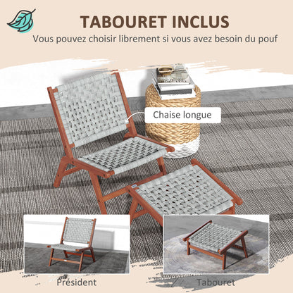 Garden Chair with Footrest - Relaxation Chair in Acacia Wood and Woven Resin - Natural, Gray