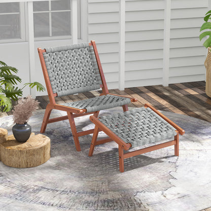 Garden Chair with Footrest - Relaxation Chair in Acacia Wood and Woven Resin - Natural, Gray