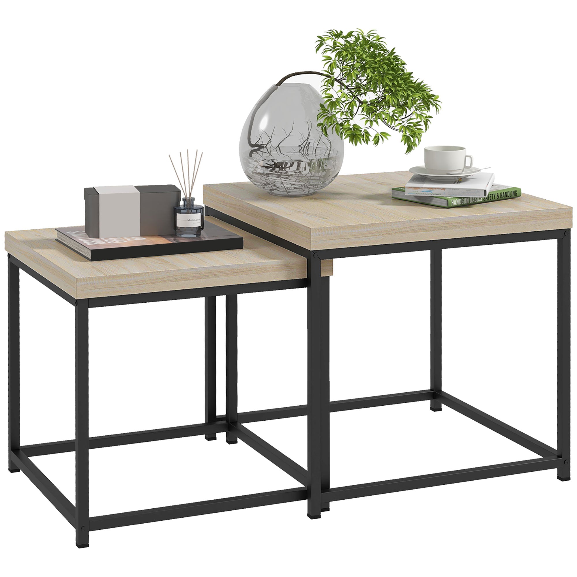 Set of 2 Nesting Side Tables Coffee Tables Square Living Room Tables Steel Frame and Light Wood Grain Tabletops