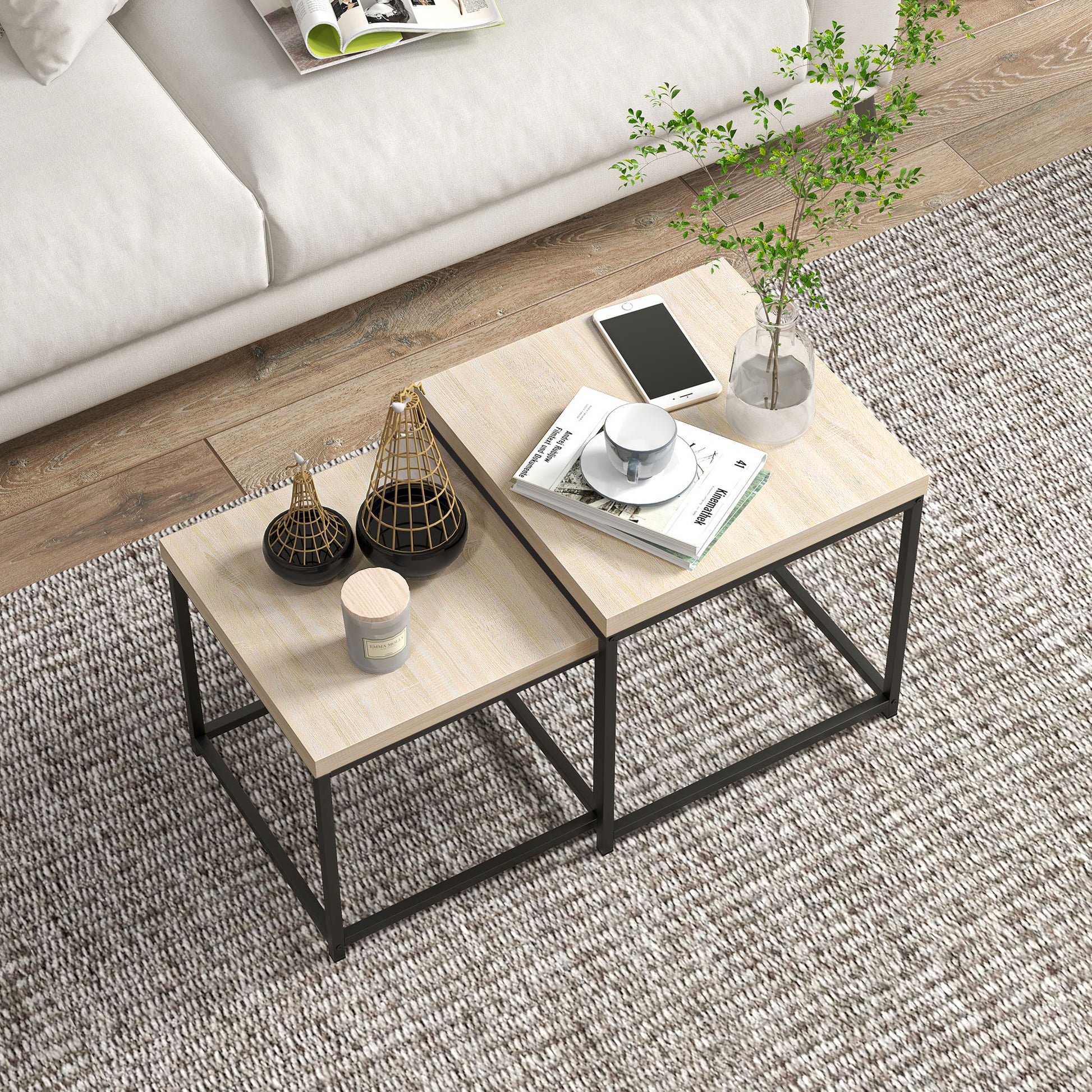 Set of 2 Nesting Side Tables Coffee Tables Square Living Room Tables Steel Frame and Light Wood Grain Tabletops