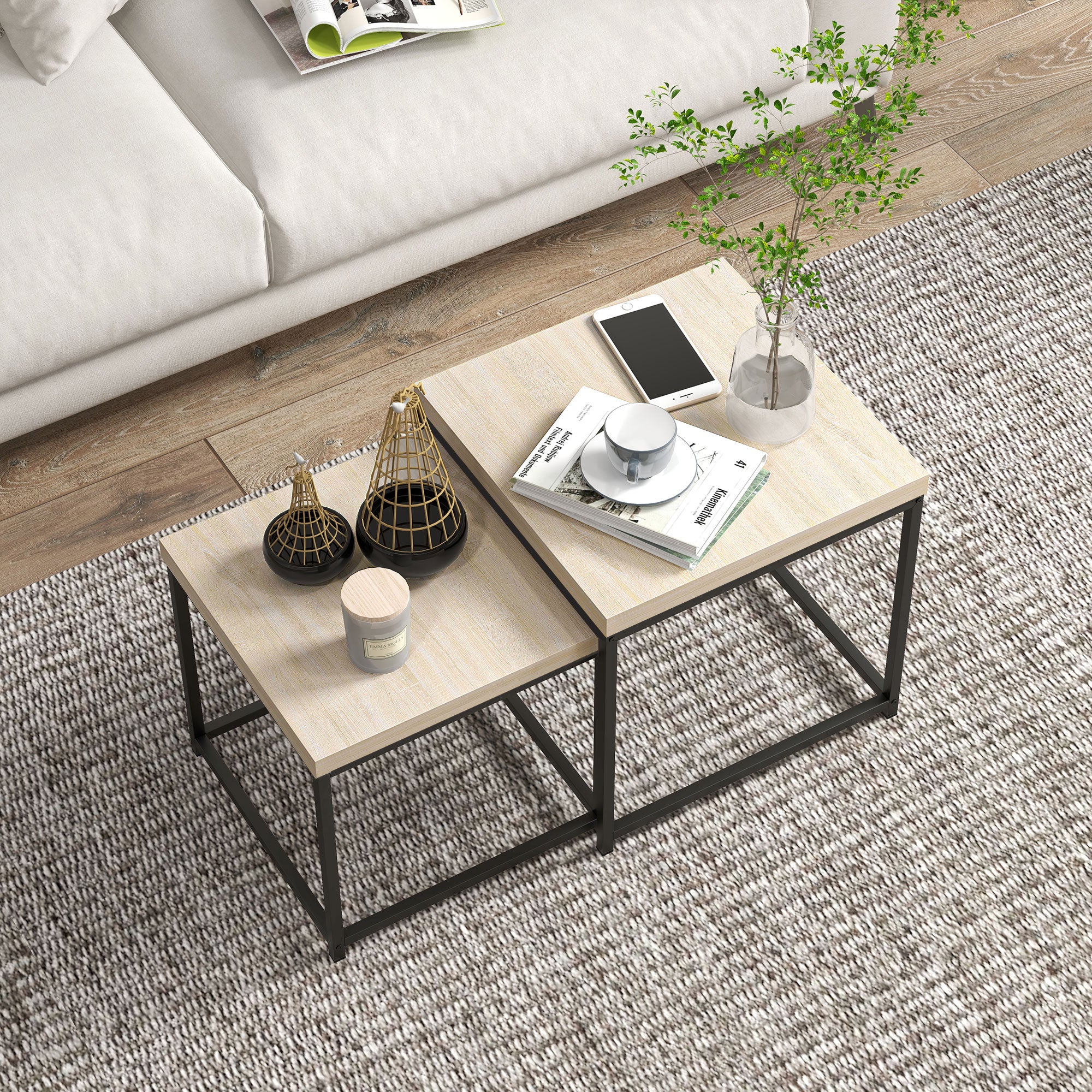 Set of 2 Nesting Side Tables Coffee Tables Square Living Room Tables Steel Frame and Light Wood Grain Tabletops