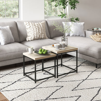 Set of 2 Nesting Side Tables Coffee Tables Square Living Room Tables Steel Frame and Light Wood Grain Tabletops