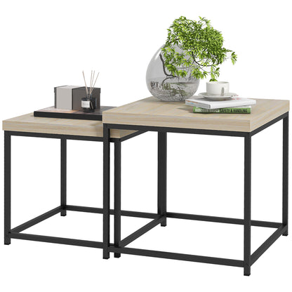 Set of 2 Nesting Side Tables Coffee Tables Square Living Room Tables Steel Frame and Light Wood Grain Tabletops