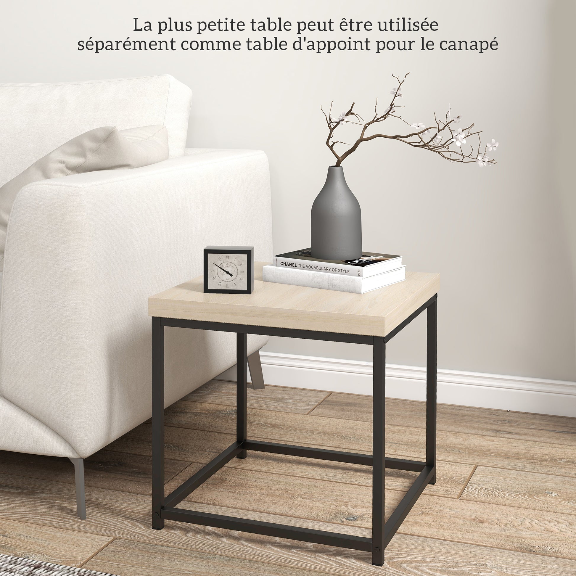 Set of 2 Nesting Side Tables Coffee Tables Square Living Room Tables Steel Frame and Light Wood Grain Tabletops