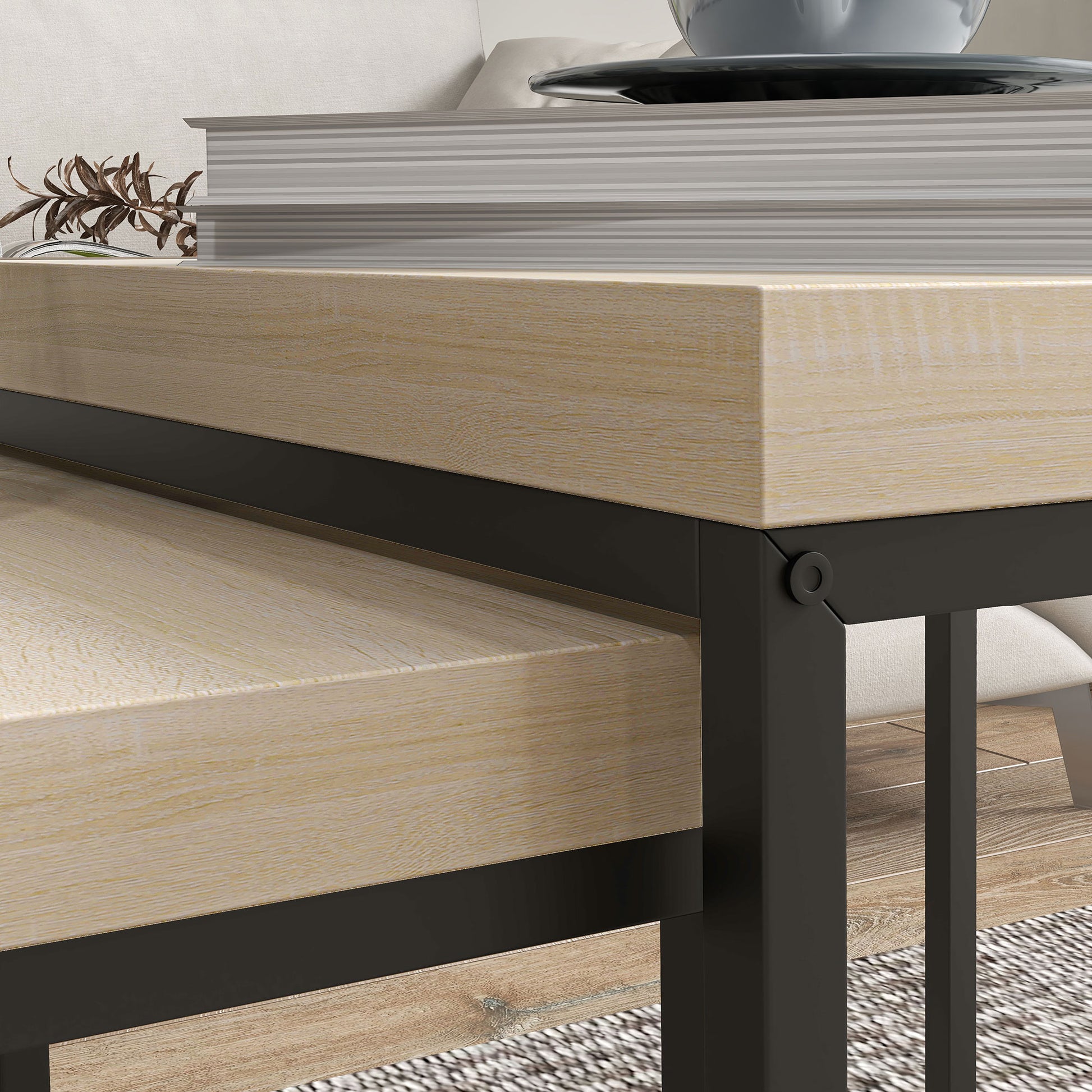 Set of 2 Nesting Side Tables Coffee Tables Square Living Room Tables Steel Frame and Light Wood Grain Tabletops
