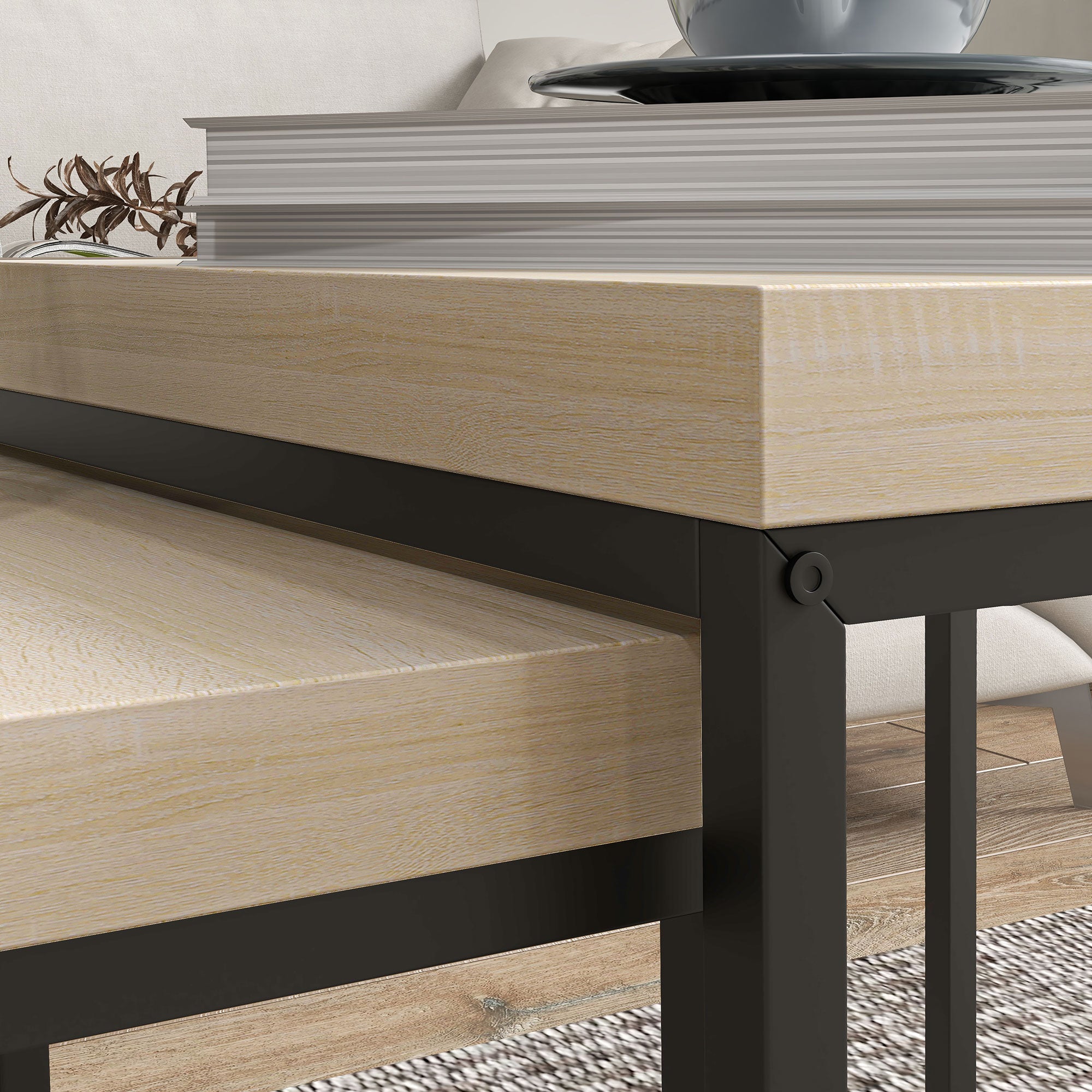 Set of 2 Nesting Side Tables Coffee Tables Square Living Room Tables Steel Frame and Light Wood Grain Tabletops