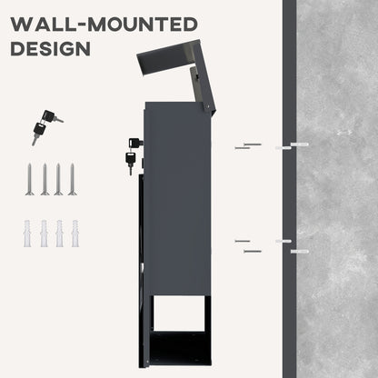 Wall Mailbox, Weatherproof Quiet-Close Outdoor Mailbox with Newspaper Holder and 2 Keys, 14.6 x 3.9 x 14.6 in (37 x 10 x 37 cm), Dark Gray