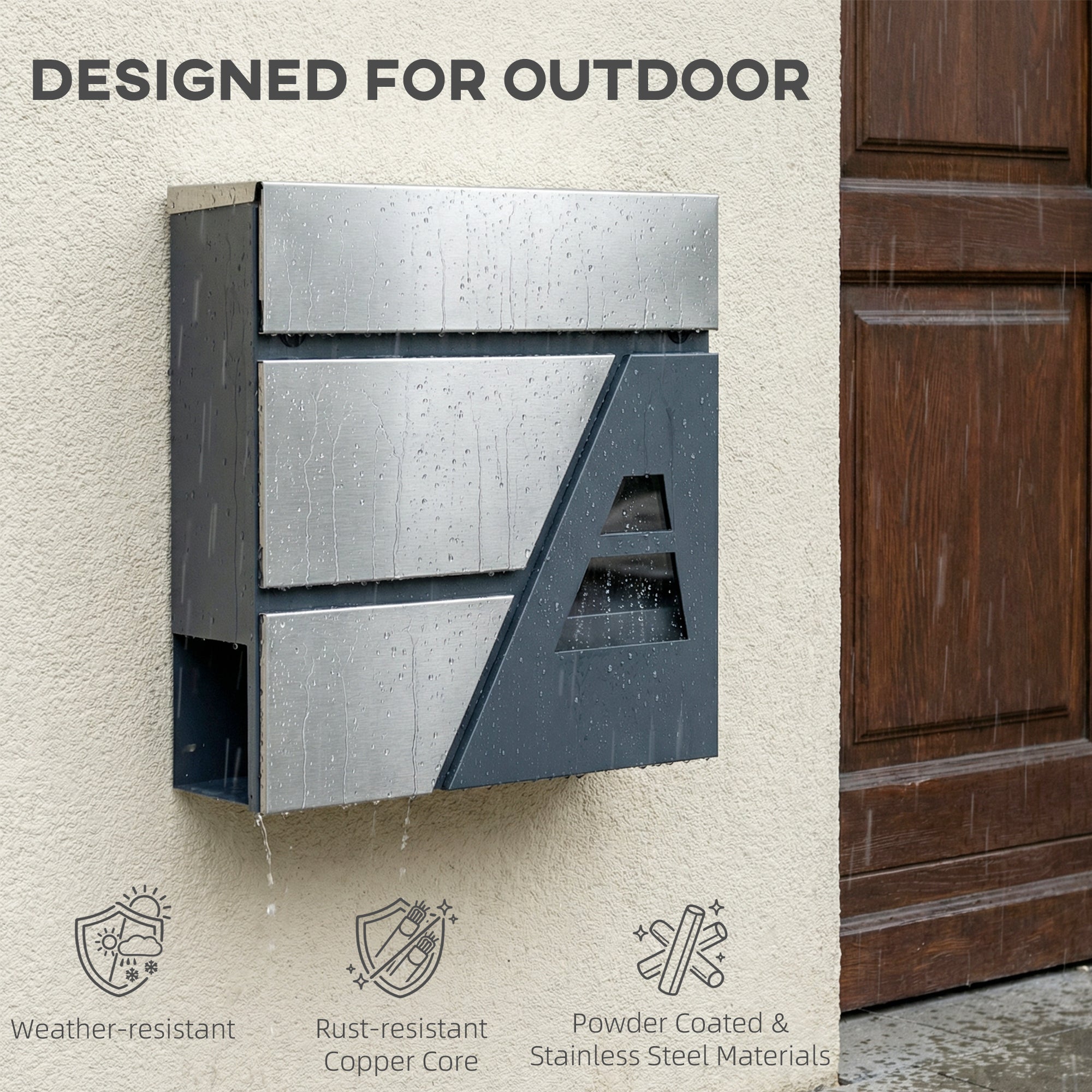 Wall Mailbox, Weatherproof Quiet-Close Outdoor Mailbox with Newspaper Holder and 2 Keys, 14.6 x 3.9 x 14.6 in (37 x 10 x 37 cm), Dark Gray