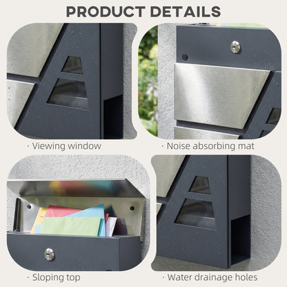 Wall Mailbox, Weatherproof Quiet-Close Outdoor Mailbox with Newspaper Holder and 2 Keys, 14.6 x 3.9 x 14.6 in (37 x 10 x 37 cm), Dark Gray