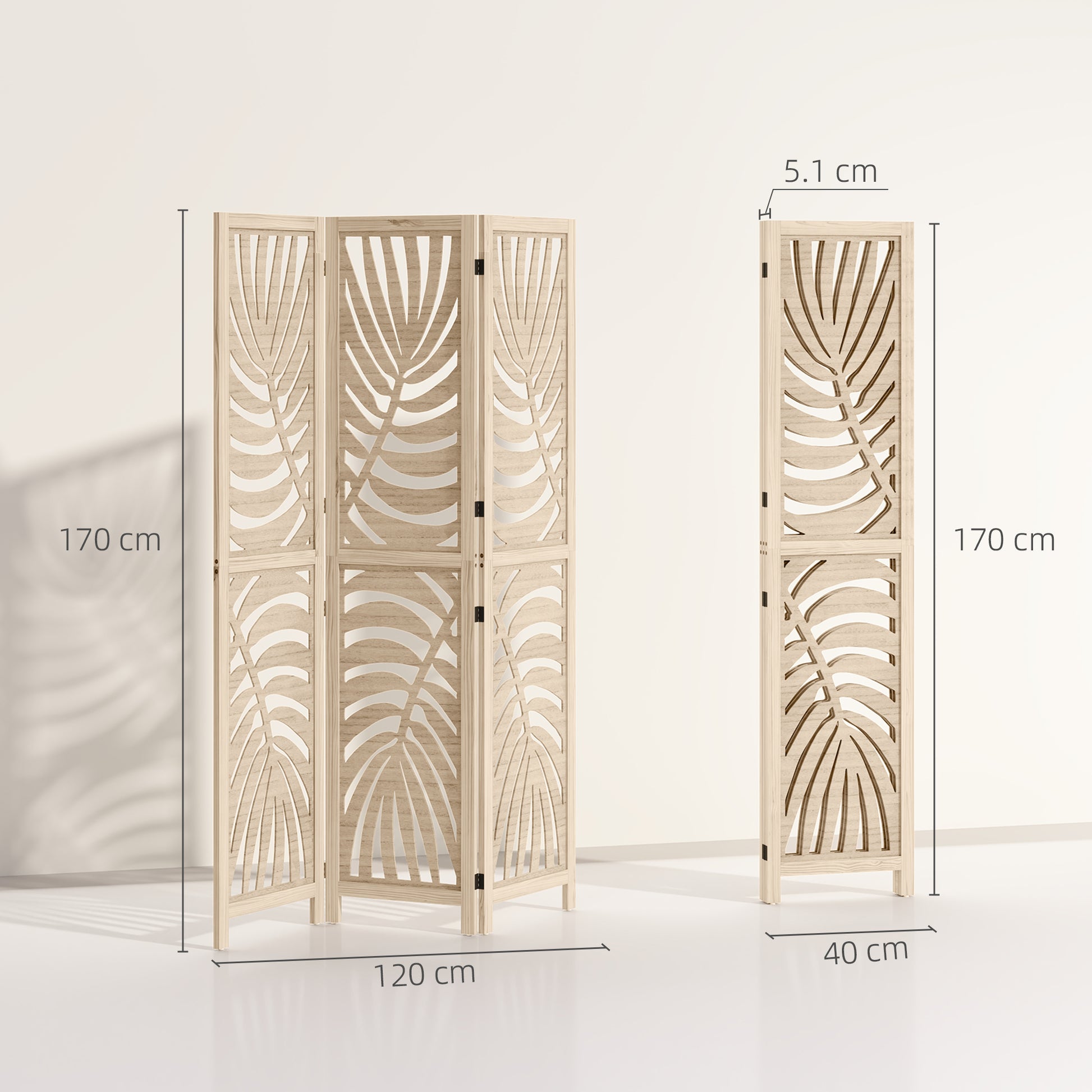 3-Panel Folding Room Divider 120x170 cm with Tropical Palm Leaf Print Room Divider for Living Room Bedroom Office Natural