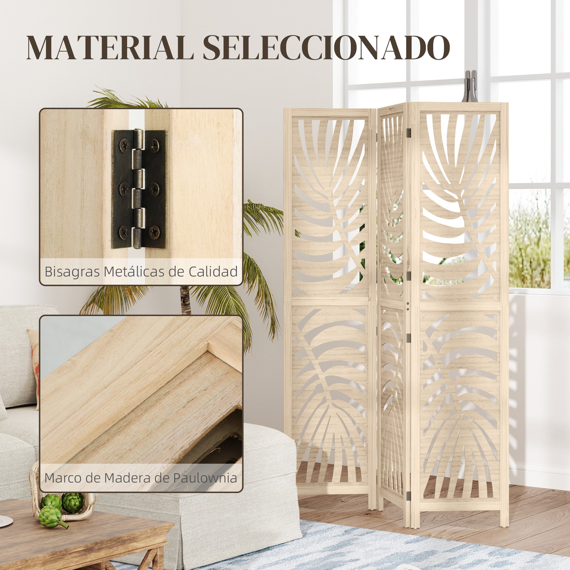 3-Panel Folding Room Divider 120x170 cm with Tropical Palm Leaf Print Room Divider for Living Room Bedroom Office Natural