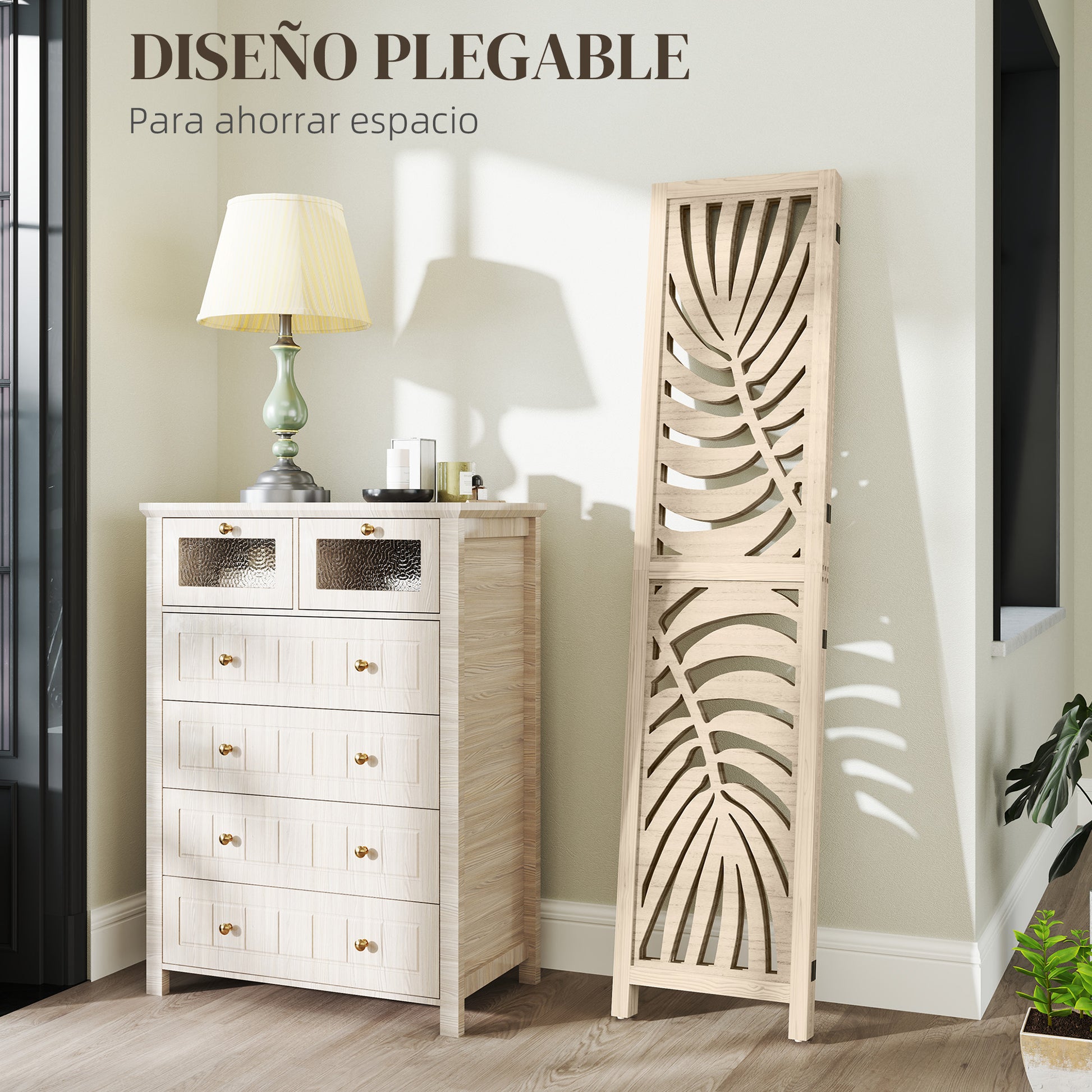 3-Panel Folding Room Divider 120x170 cm with Tropical Palm Leaf Print Room Divider for Living Room Bedroom Office Natural