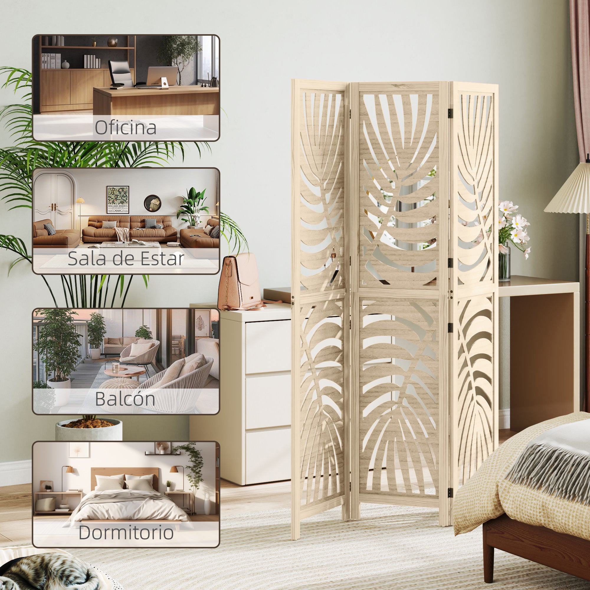 3-Panel Folding Room Divider 120x170 cm with Tropical Palm Leaf Print Room Divider for Living Room Bedroom Office Natural