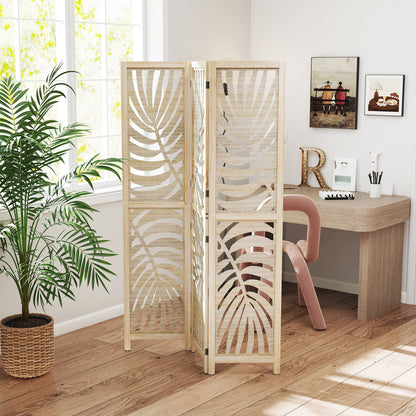 3-Panel Folding Room Divider 120x170 cm with Tropical Palm Leaf Print Room Divider for Living Room Bedroom Office Natural