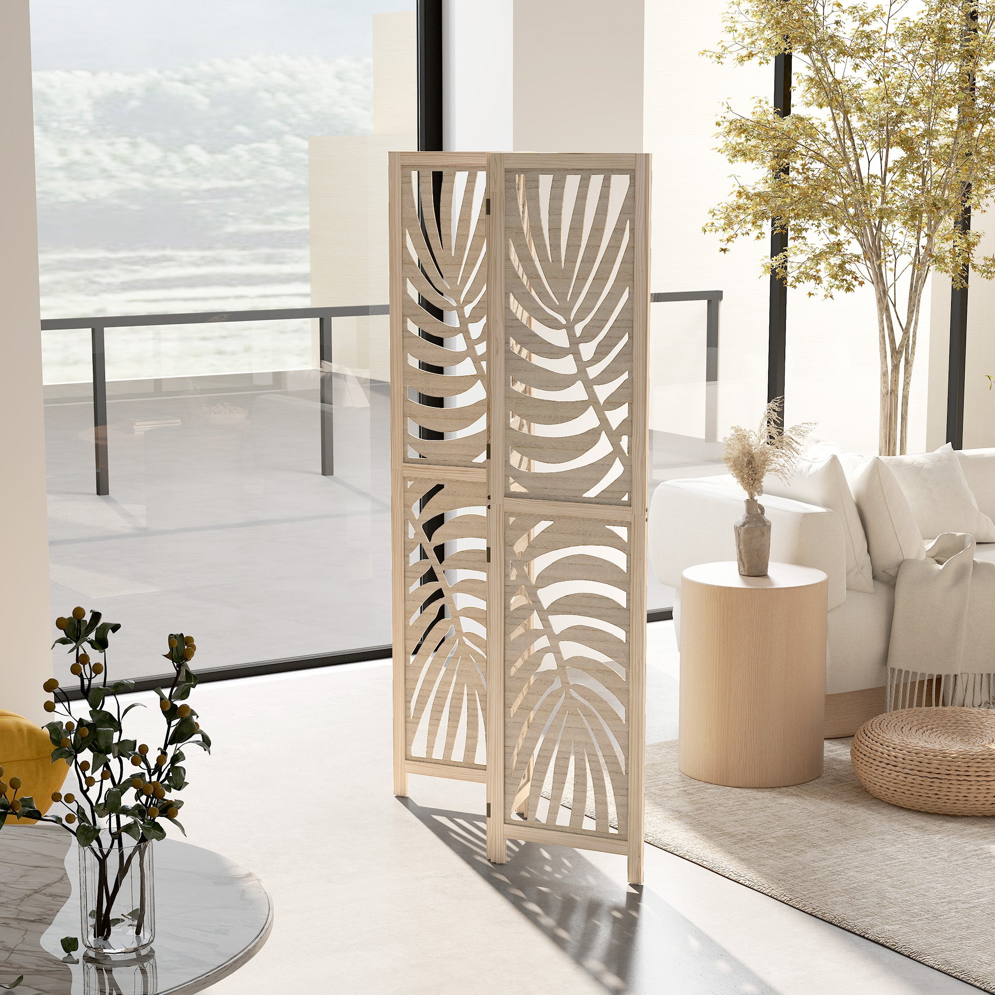 3-Panel Folding Room Divider 120x170 cm with Tropical Palm Leaf Print Room Divider for Living Room Bedroom Office Natural