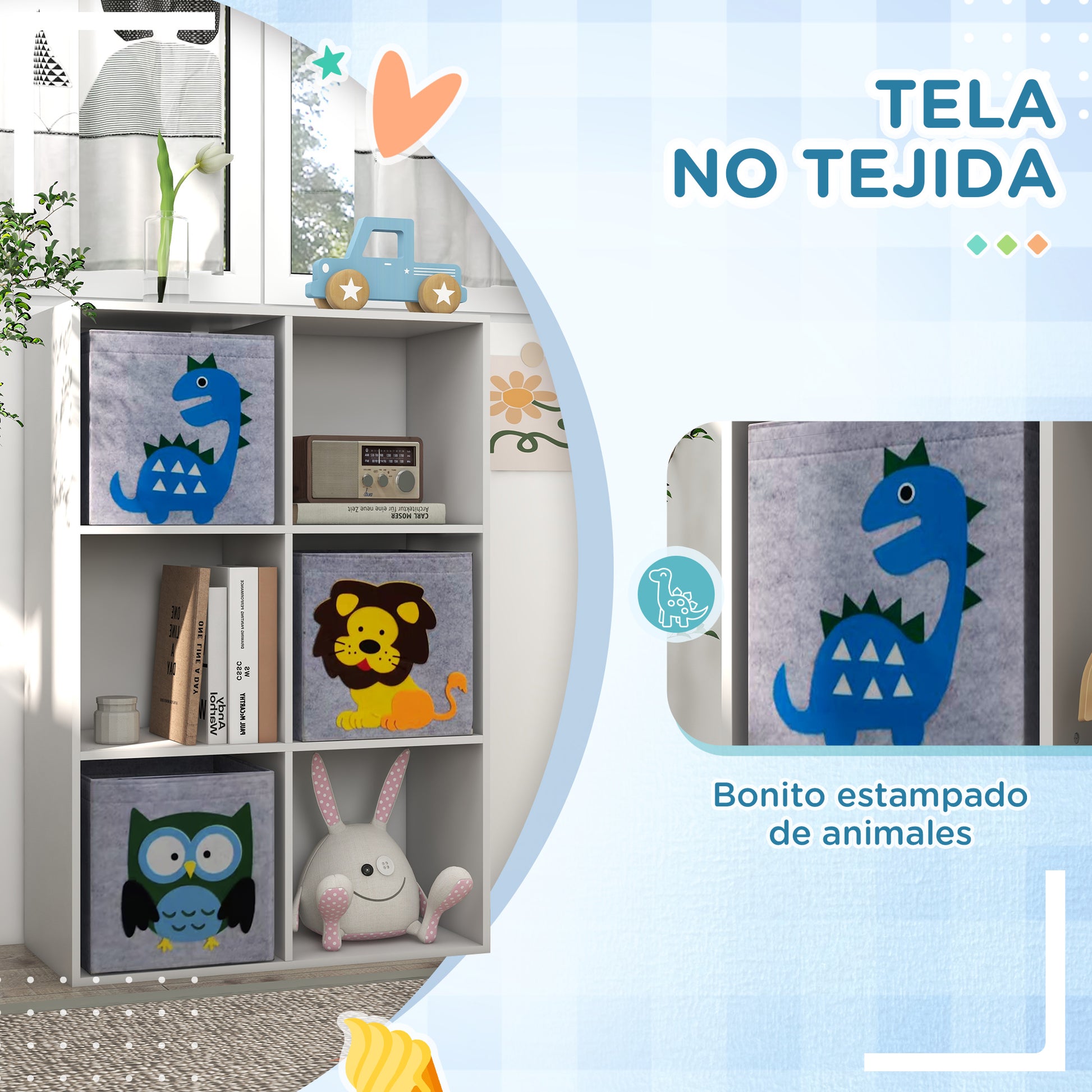 ZONEKIZ Children's Toy Shelf Bookcase for Children +3 Years Old with 6 Storage Compartments and 3 Non-Woven Fabric Drawers with Animal Print 61.8x29.9x91.5 cm White and Gray