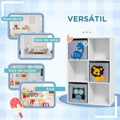 ZONEKIZ Children's Toy Shelf Bookcase for Children +3 Years Old with 6 Storage Compartments and 3 Non-Woven Fabric Drawers with Animal Print 61.8x29.9x91.5 cm White and Gray