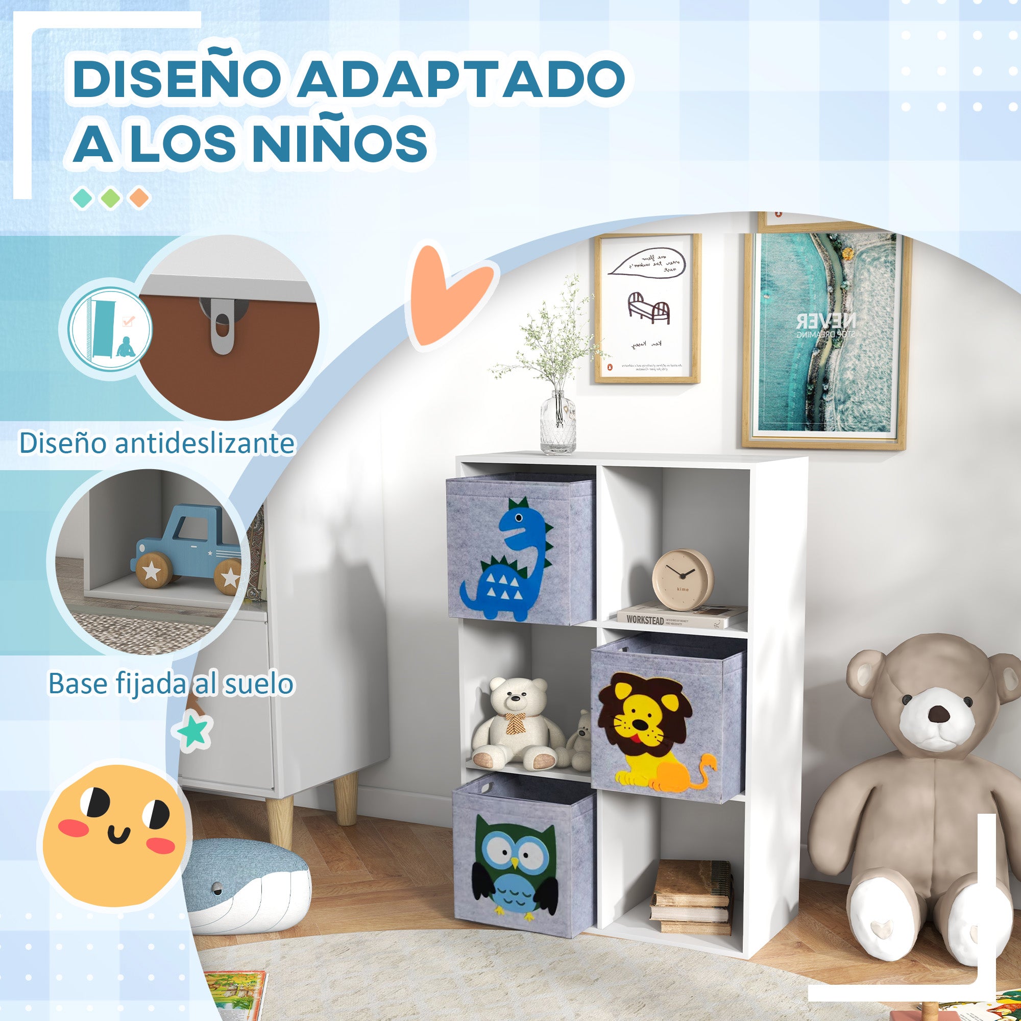 ZONEKIZ Children's Toy Shelf Bookcase for Children +3 Years Old with 6 Storage Compartments and 3 Non-Woven Fabric Drawers with Animal Print 61.8x29.9x91.5 cm White and Gray