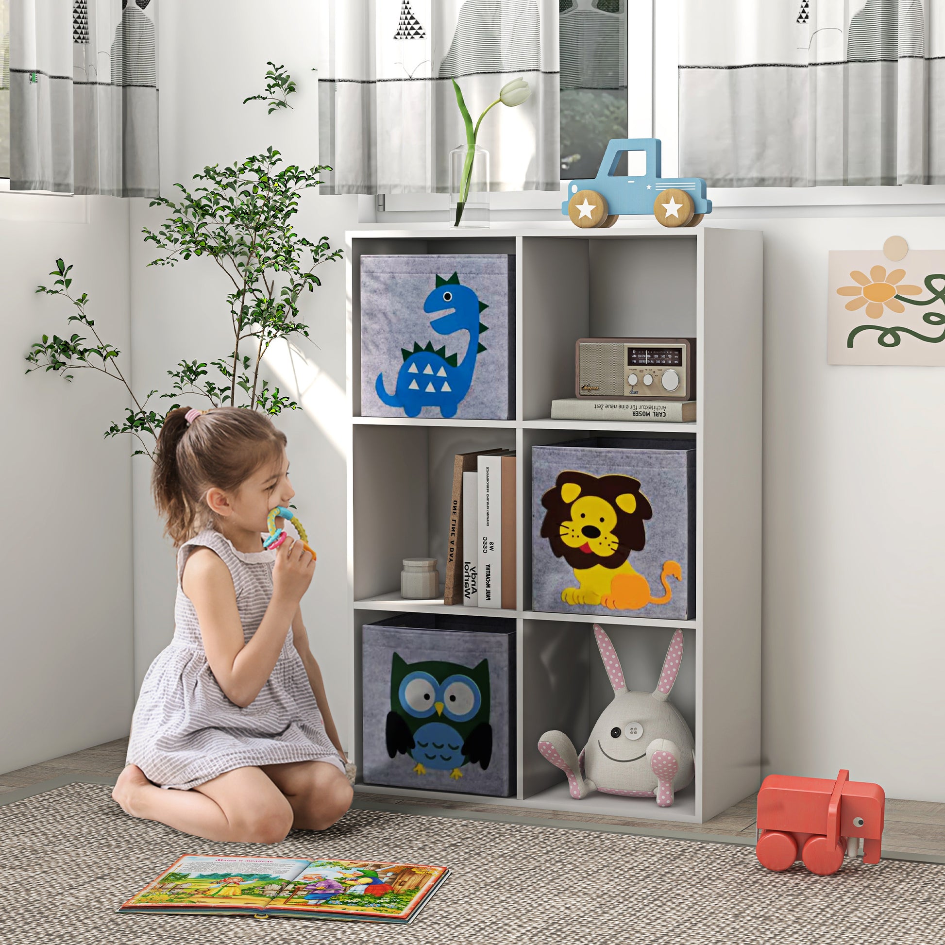 ZONEKIZ Children's Toy Shelf Bookcase for Children +3 Years Old with 6 Storage Compartments and 3 Non-Woven Fabric Drawers with Animal Print 61.8x29.9x91.5 cm White and Gray