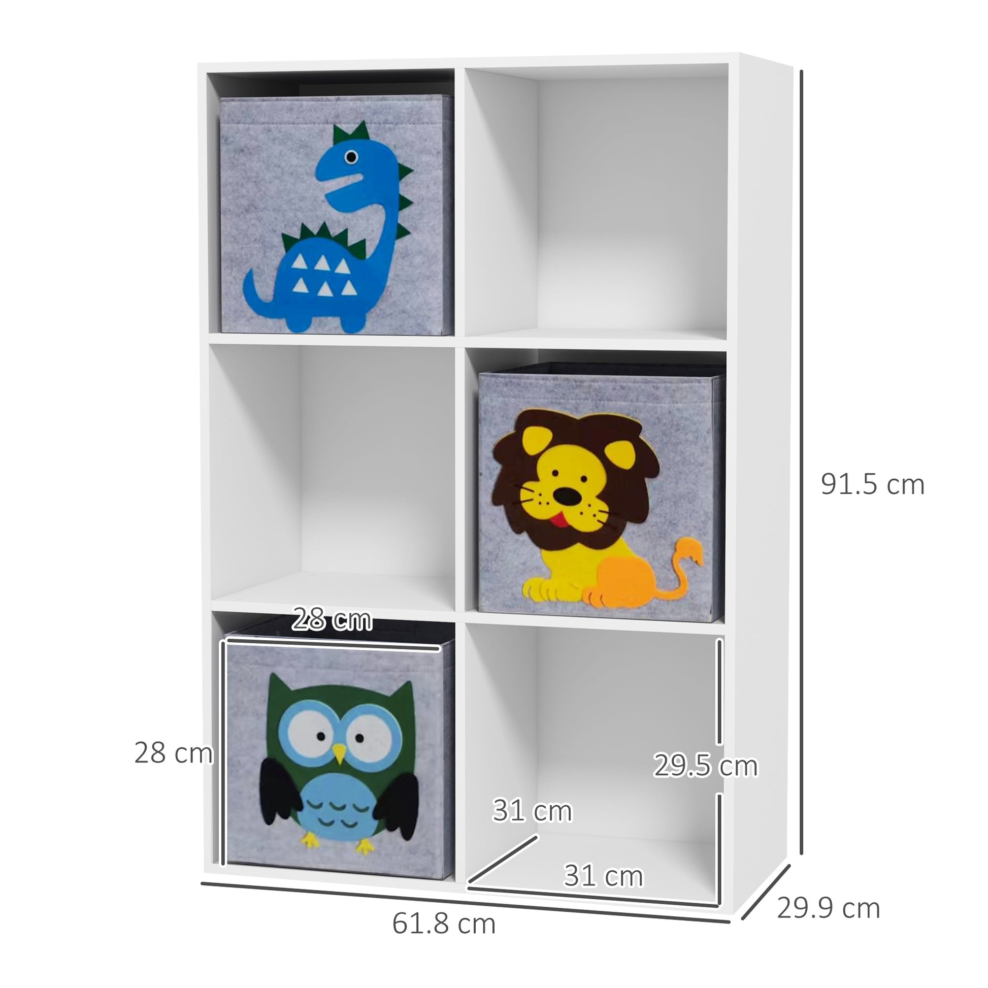ZONEKIZ Children's Toy Shelf Bookcase for Children +3 Years Old with 6 Storage Compartments and 3 Non-Woven Fabric Drawers with Animal Print 61.8x29.9x91.5 cm White and Gray