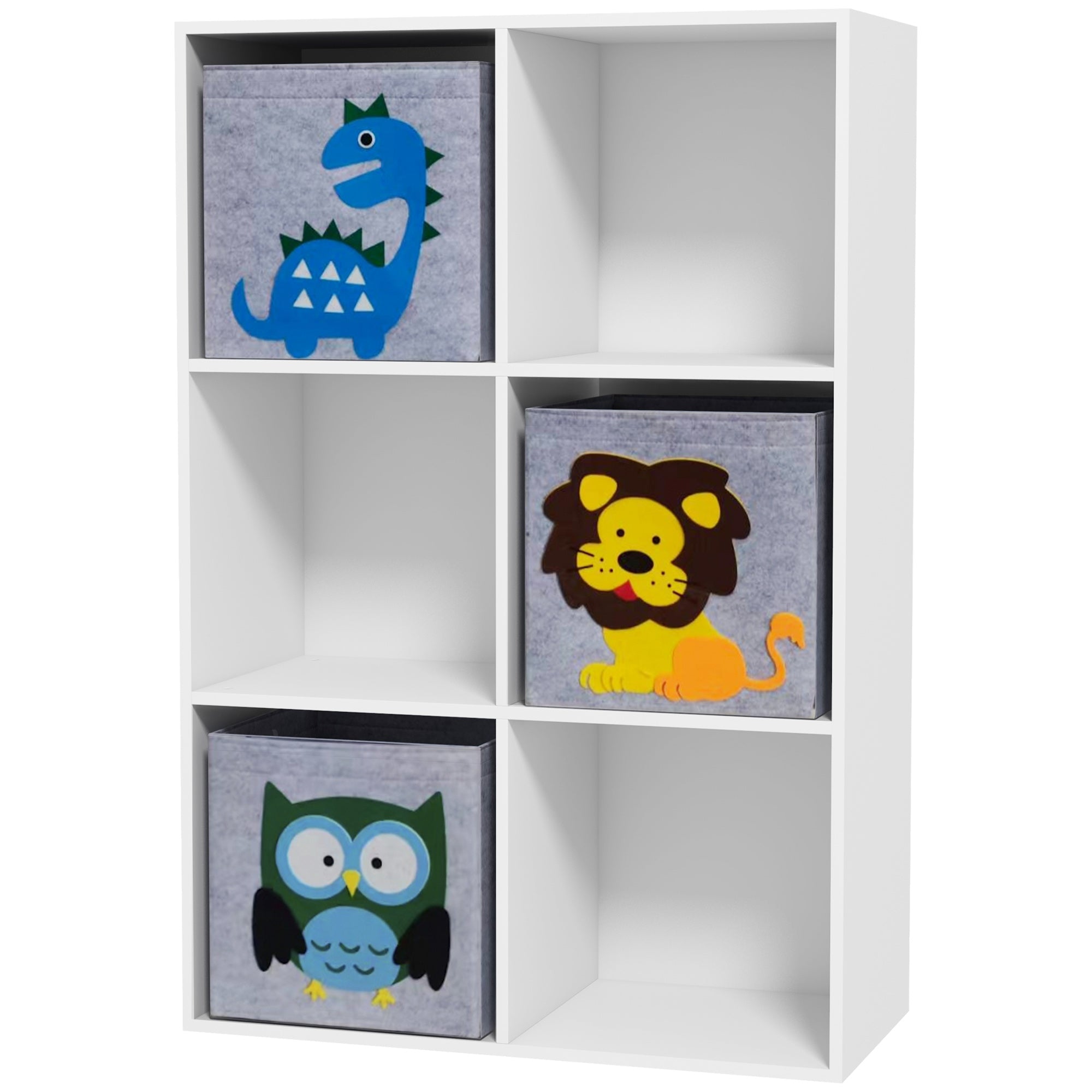 ZONEKIZ Children's Toy Shelf Bookcase for Children +3 Years Old with 6 Storage Compartments and 3 Non-Woven Fabric Drawers with Animal Print 61.8x29.9x91.5 cm White and Gray