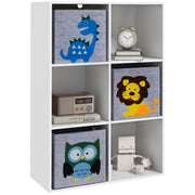 ZONEKIZ Children's Toy Shelf Bookcase for Children +3 Years Old with 6 Storage Compartments and 3 Non-Woven Fabric Drawers with Animal Print 61.8x29.9x91.5 cm White and Gray