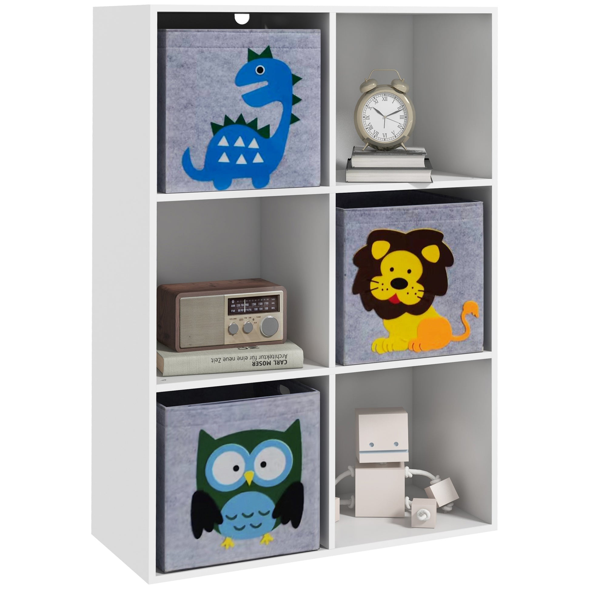 ZONEKIZ Children's Toy Shelf Bookcase for Children +3 Years Old with 6 Storage Compartments and 3 Non-Woven Fabric Drawers with Animal Print 61.8x29.9x91.5 cm White and Gray