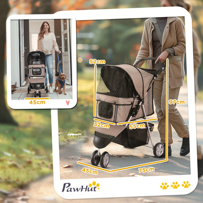 Dog Stroller Foldable for Dogs & Cats Cat Stroller with Cushion Mesh Windows Cup Holder Storage Bag Cat Carriage Buggy Coffee