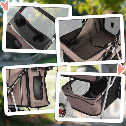 Dog Stroller Foldable for Dogs & Cats Cat Stroller with Cushion Mesh Windows Cup Holder Storage Bag Cat Carriage Buggy Coffee