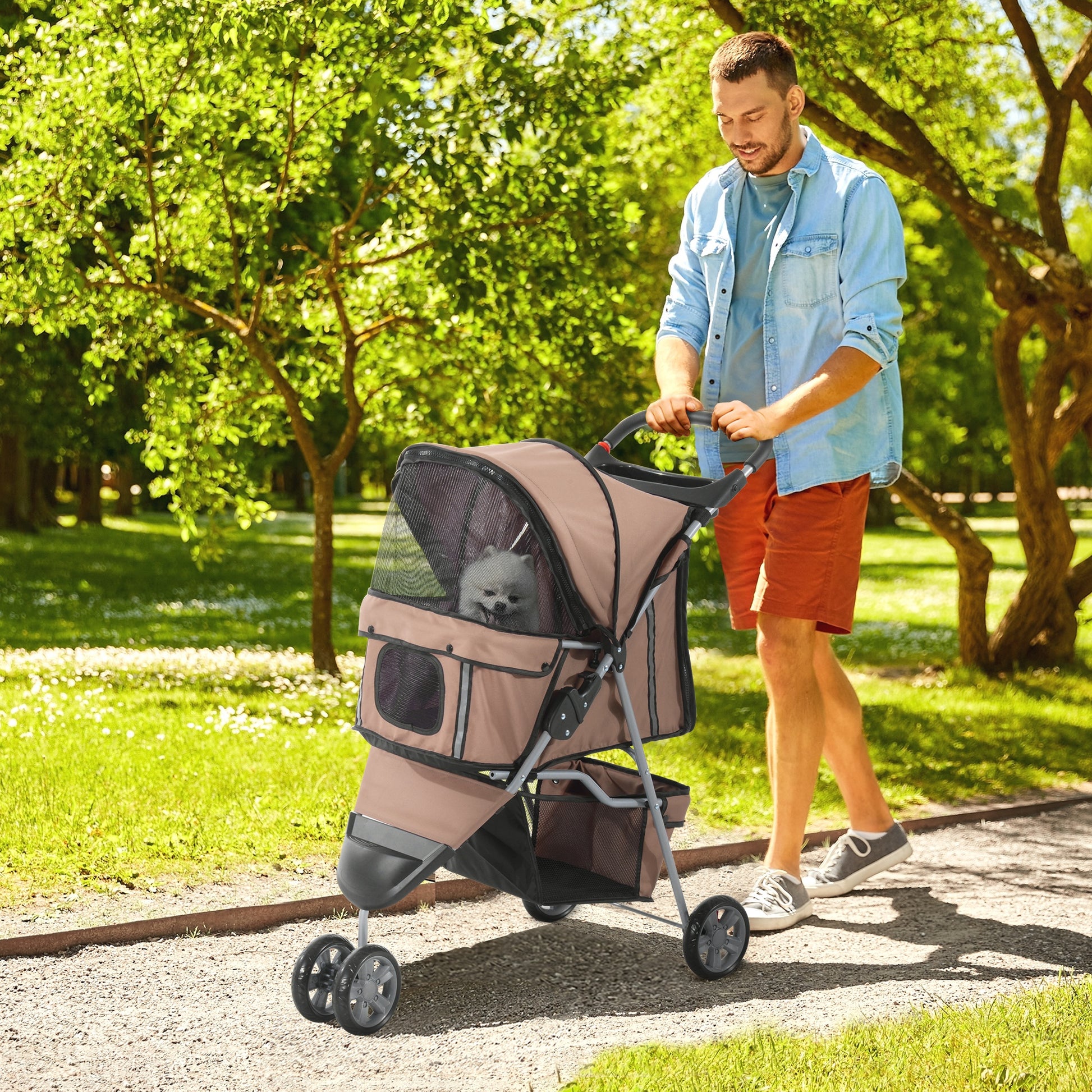 Dog Stroller Foldable for Dogs & Cats Cat Stroller with Cushion Mesh Windows Cup Holder Storage Bag Cat Carriage Buggy Coffee