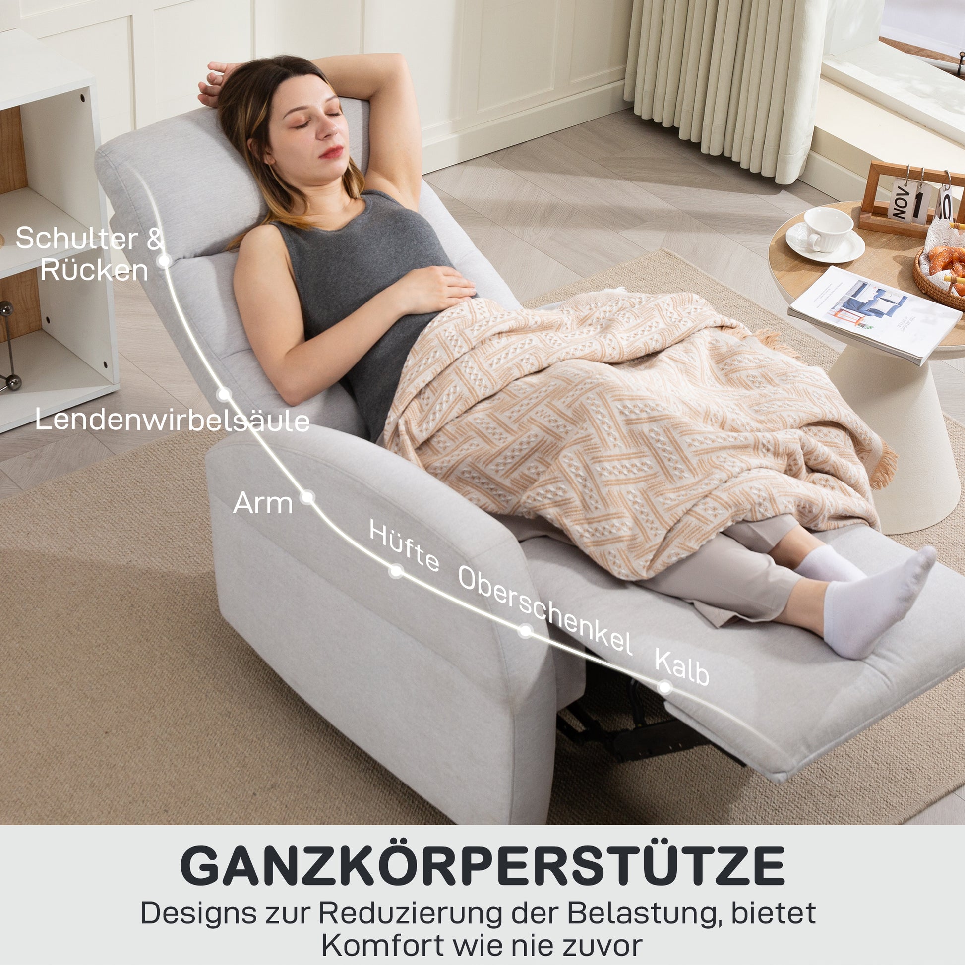 Recliner Chair, TV Chair with Reclining Function, Padded TV Chair with Footrest, Linen-Look Lounge Chair for Living Room, Bedroom up to 150 kg, Light Grey