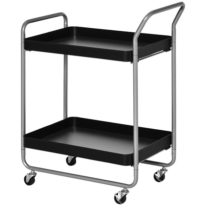 2-Tier Serving Trolley with Handles and Swivel Wheels, Metal Storage Trolley for Kitchen Living Room, 63x40.4x83.5cm, Black