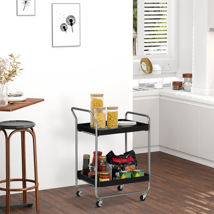 2-Tier Serving Trolley with Handles and Swivel Wheels, Metal Storage Trolley for Kitchen Living Room, 63x40.4x83.5cm, Black