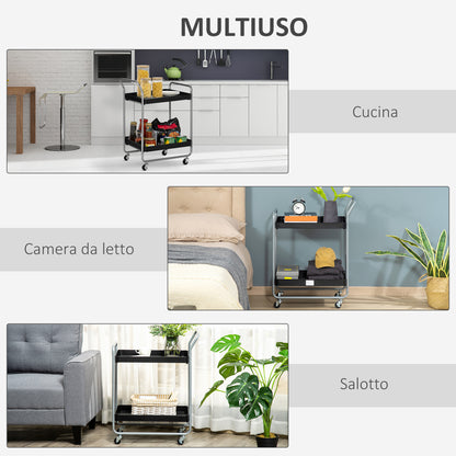 2-Tier Serving Trolley with Handles and Swivel Wheels, Metal Storage Trolley for Kitchen Living Room, 63x40.4x83.5cm, Black