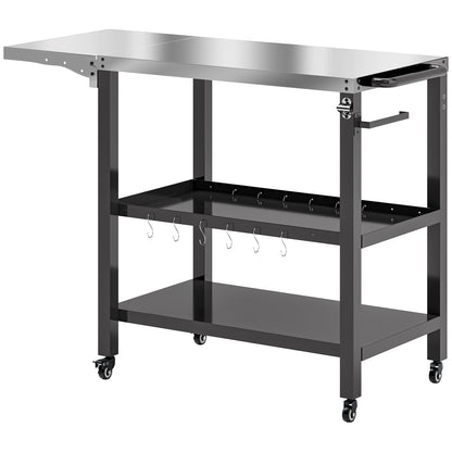 3-Level Grill Cart BBQ Trolley Service Cart with Wheels Stainless Steel Countertop Foldable Side Table and Handle Pizza Oven Table for Garden Patio Black