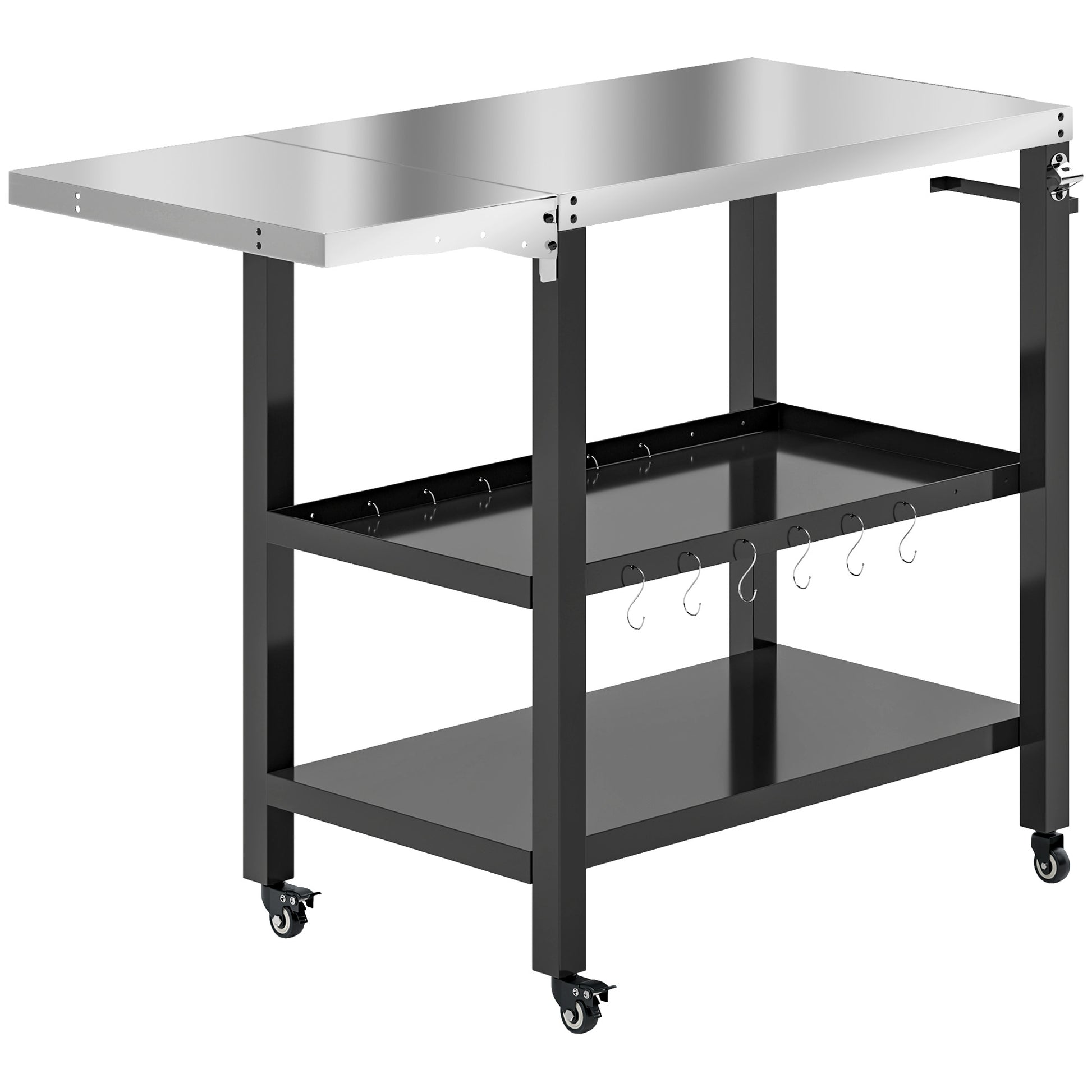 3-Level Grill Cart BBQ Trolley Service Cart with Wheels Stainless Steel Countertop Foldable Side Table and Handle Pizza Oven Table for Garden Patio Black
