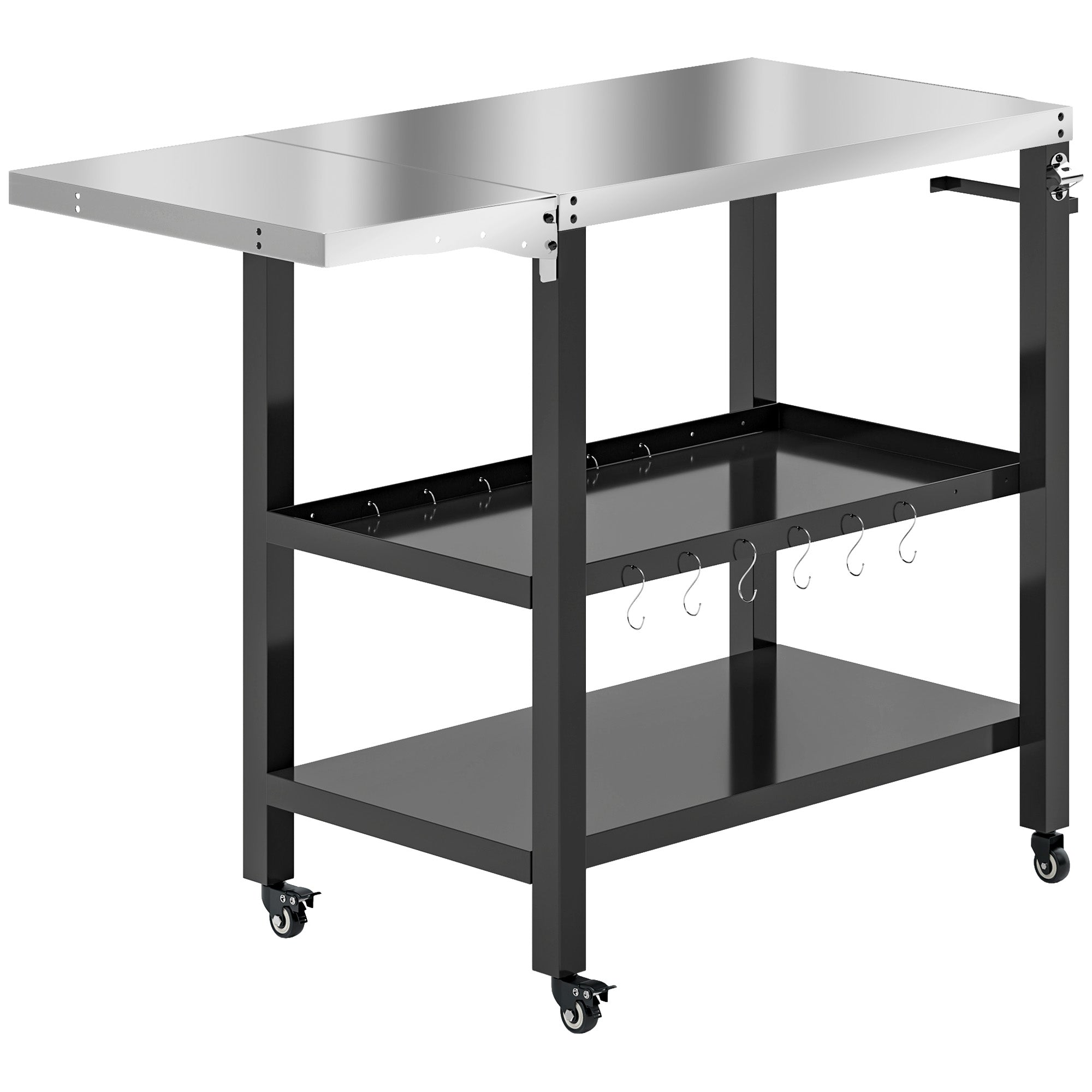 3-Level Grill Cart BBQ Trolley Service Cart with Wheels Stainless Steel Countertop Foldable Side Table and Handle Pizza Oven Table for Garden Patio Black