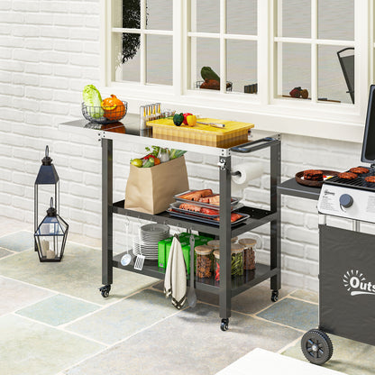 3-Level Grill Cart BBQ Trolley Service Cart with Wheels Stainless Steel Countertop Foldable Side Table and Handle Pizza Oven Table for Garden Patio Black