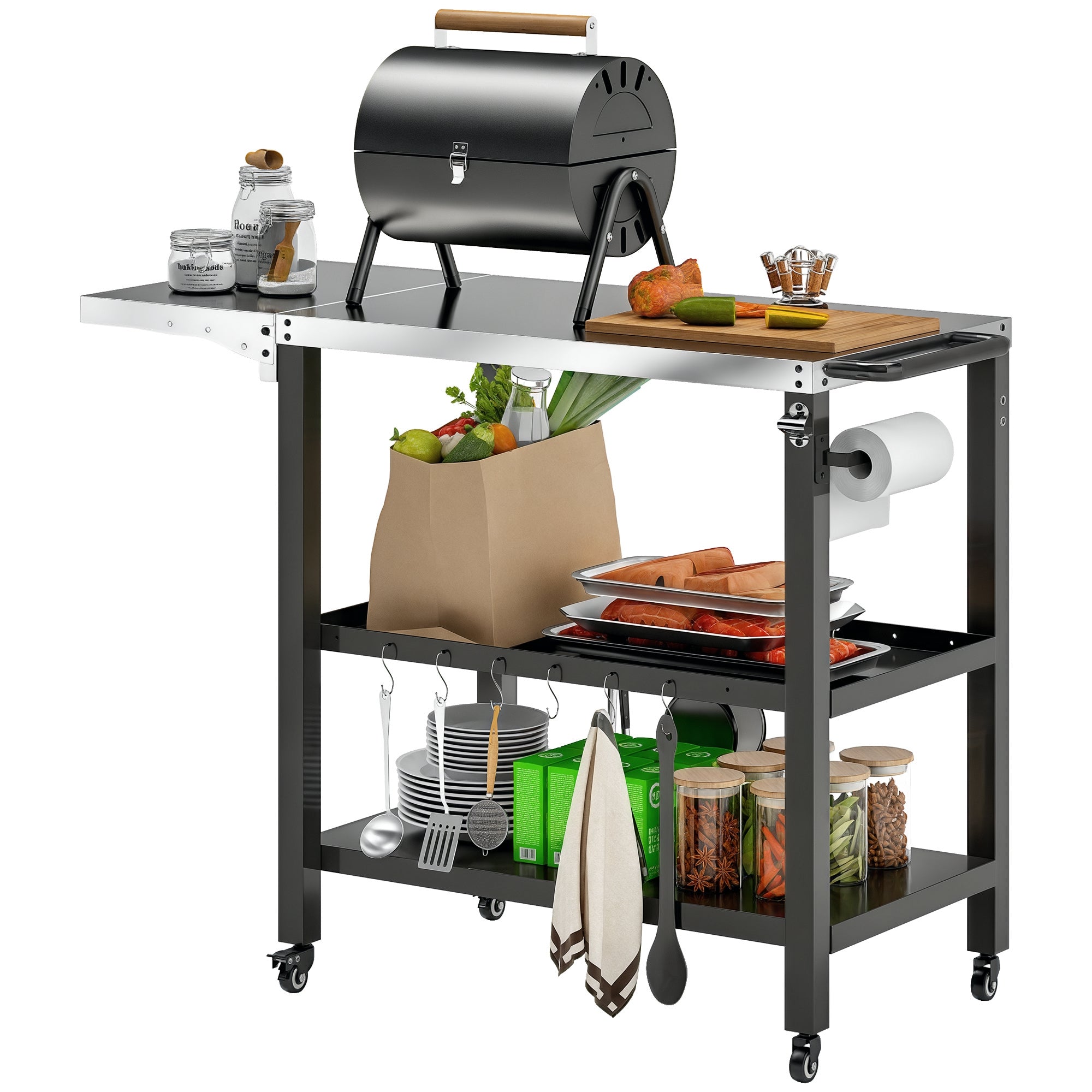 3-Level Grill Cart BBQ Trolley Service Cart with Wheels Stainless Steel Countertop Foldable Side Table and Handle Pizza Oven Table for Garden Patio Black