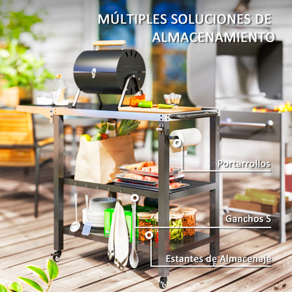 3-Level Grill Cart BBQ Trolley Service Cart with Wheels Stainless Steel Countertop Foldable Side Table and Handle Pizza Oven Table for Garden Patio Black