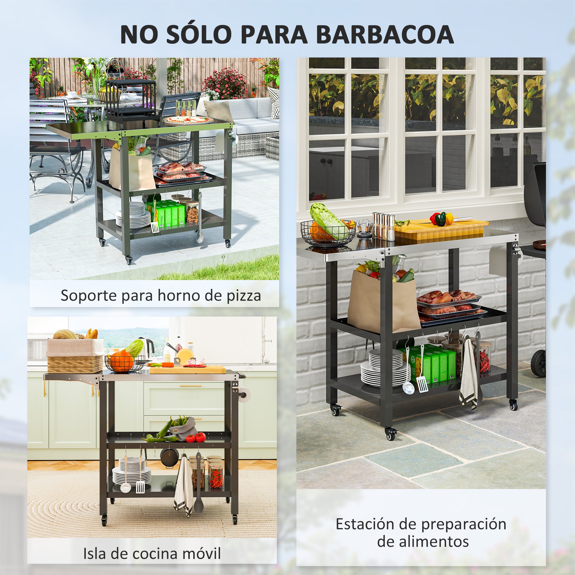 3-Level Grill Cart BBQ Trolley Service Cart with Wheels Stainless Steel Countertop Foldable Side Table and Handle Pizza Oven Table for Garden Patio Black