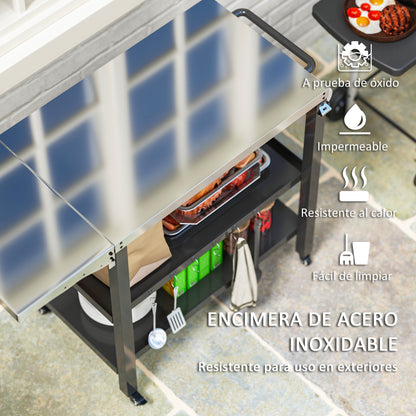 3-Level Grill Cart BBQ Trolley Service Cart with Wheels Stainless Steel Countertop Foldable Side Table and Handle Pizza Oven Table for Garden Patio Black